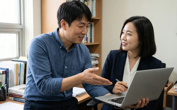 노트북 화면을 보며 사용법을 설명하는 담당자