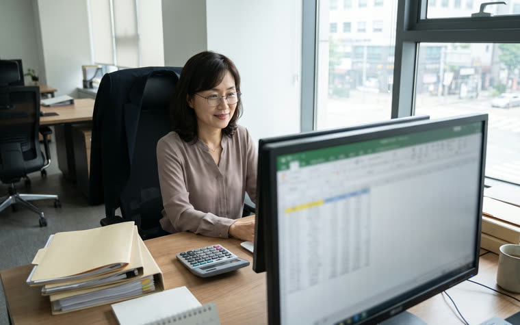 사무실에서 월 마감 수치를 모니터와 계산기로 확인하는 담당자