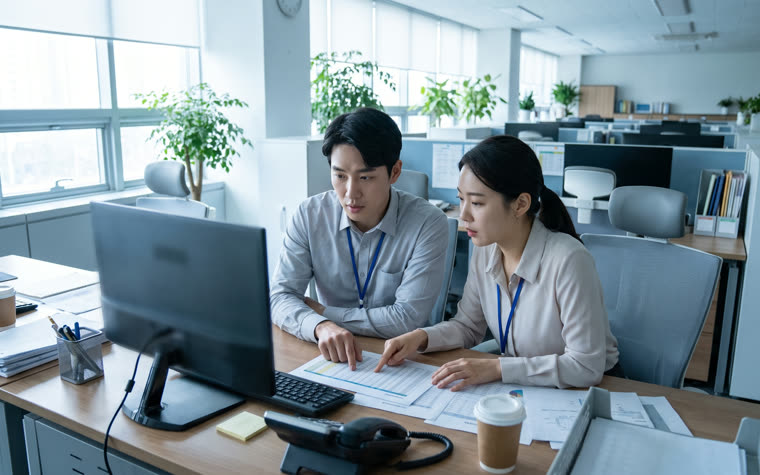 사무실에서 두 사람이 거래처 단가를 화면과 서류로 대조하는 모습