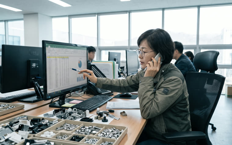 구매 담당자가 자재 소요량을 화면으로 확인하며 통화하는 모습