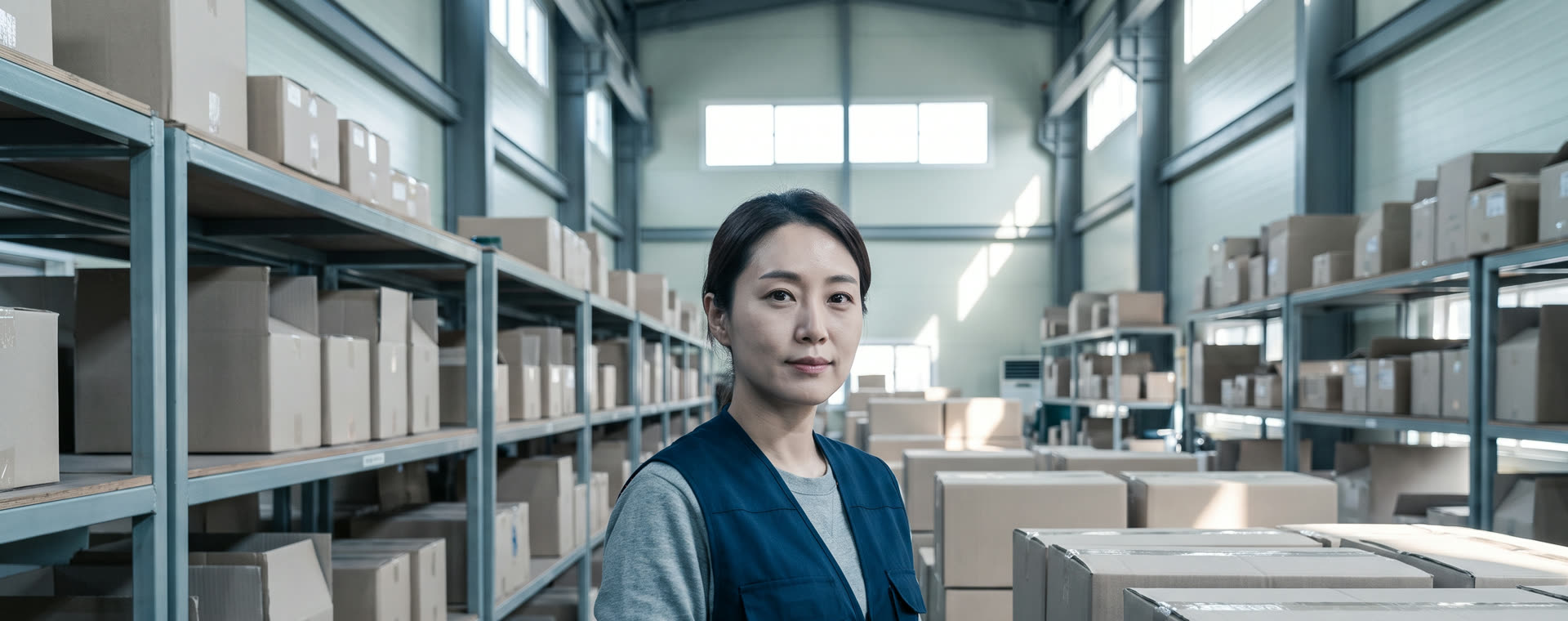 창고 선반 사이에서 재고를 확인하는 담당자